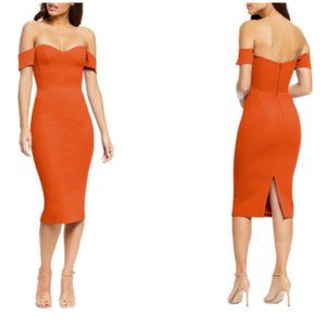 DRESS THE POPULATION BAILEY OFF THE SHOULDER POPPY SHEATH DRESS sz S